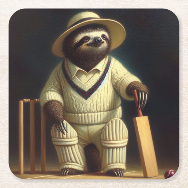 Sloth Cricket Player Underlägg Papper Kvadrat (Framsidan)