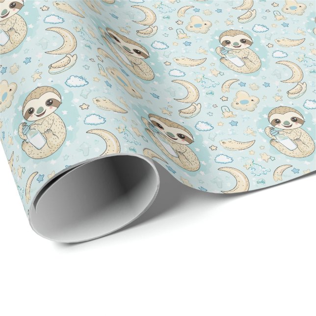 Sloth Cute Baby Pastel Watercolor Mönster Presentpapper (Rullad Hörn)