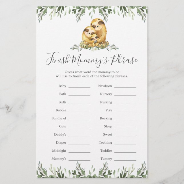 Sloth Family Baby Shower Avslutar Mamma Phrase (Framsida)