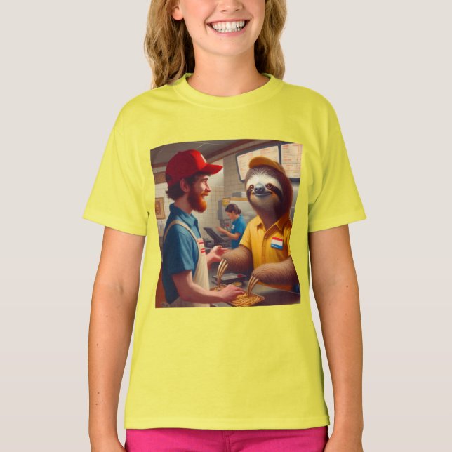 Sloth Fast Food Worker T Shirt (Framsida)