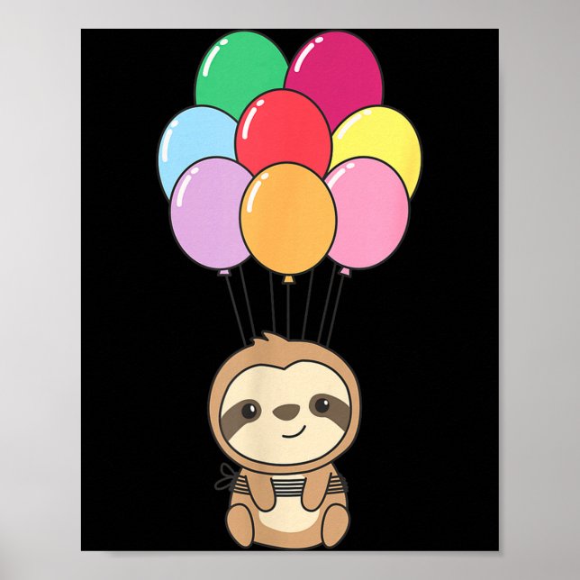 Sloth Flies Up With Colorful Balloons Kawaii Sloth Poster (Framsidan)
