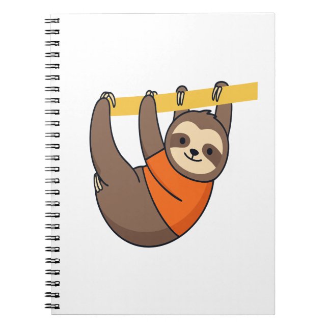 Sloth Hanging på Gren med Orange Anteckningsbok (Framsidan)