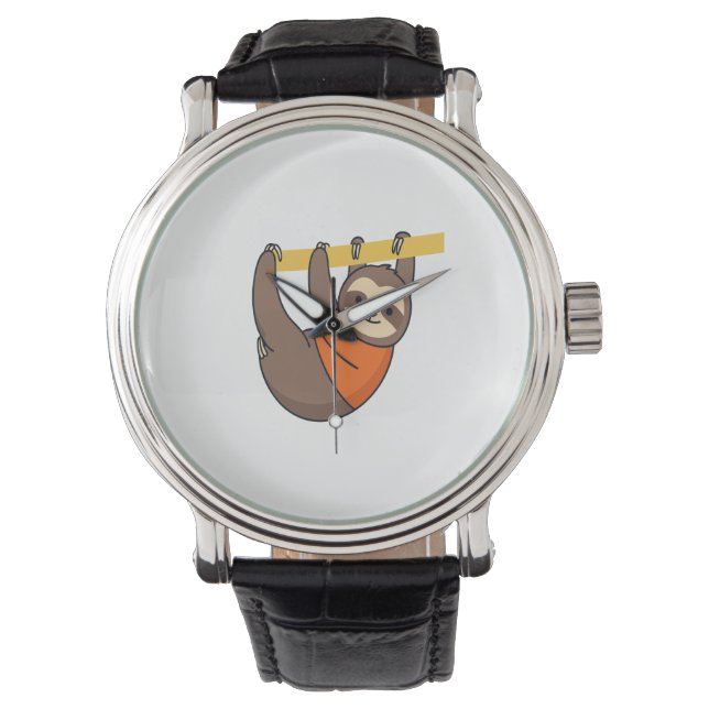 Sloth Hanging på Gren med Orange Armbandsur (Framsida)