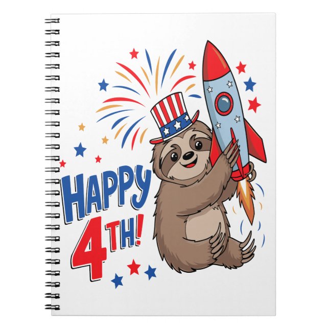 Sloth Happy 4th Rocket Fireworks USA Anteckningsbok (Framsidan)