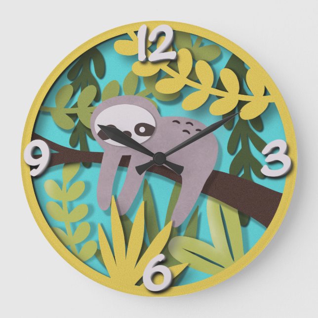 Sloth Haven: Whimsical Papercut Nursery Stor Klocka (Framsida)