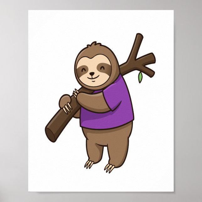 Sloth Hugger Träd Gren Wearing Lila Poster (Framsidan)