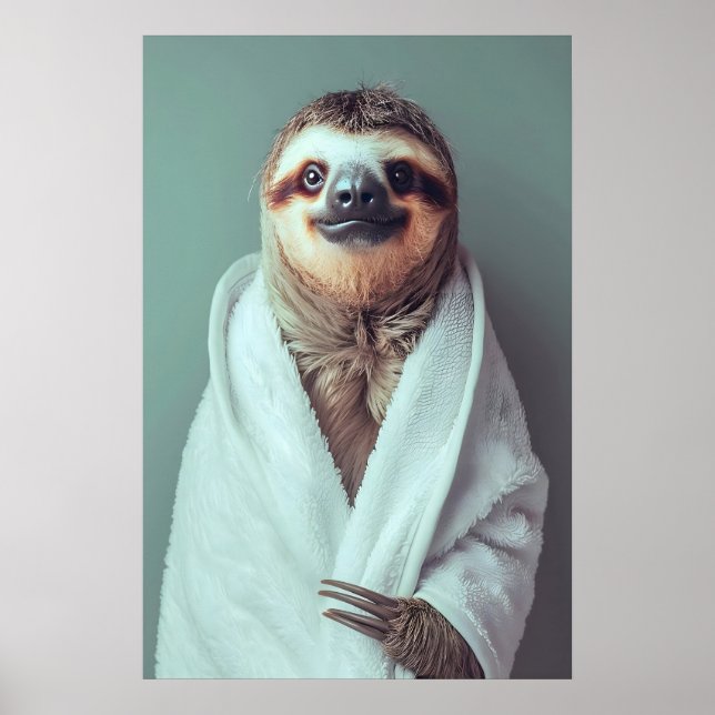 Sloth in Bathrobe Art Print, Funny Bathroom Poster (Framsidan)