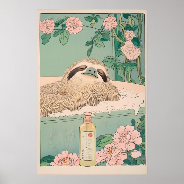 Sloth in Bathtub Ukiyo-e Print Japandi Bathroom Poster (Framsidan)