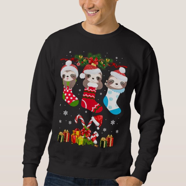 Sloth jul Sock Sloth Santa Hat Ljus Julafton T Lång Ärmad Tröja (Framsida)