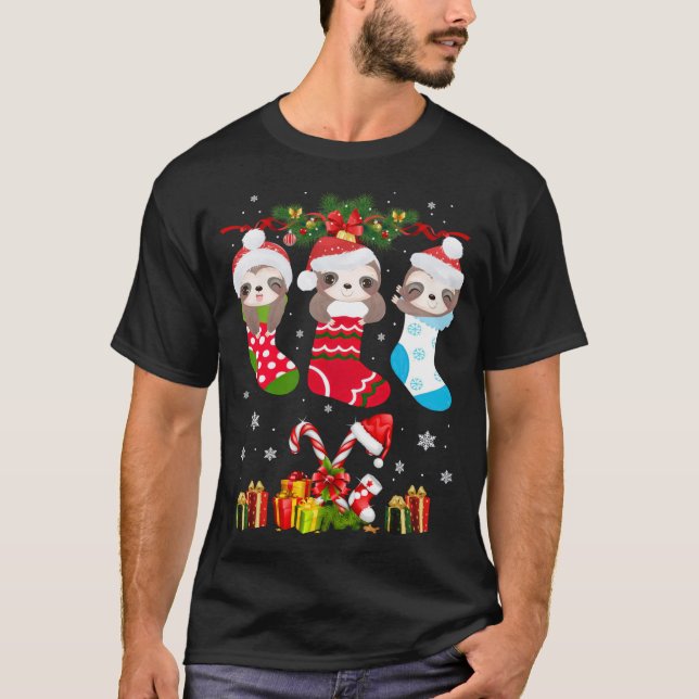 Sloth jul Sock Sloth Santa Hat Ljus Julafton T Shirt (Framsida)