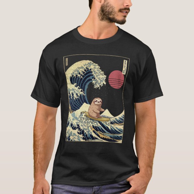 Sloth Kanagawa Japanese Surfing Wave T Shirt (Framsida)
