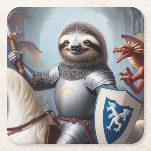 Sloth Knight Fighting Dragons Underlägg Papper Kvadrat (Framsidan)