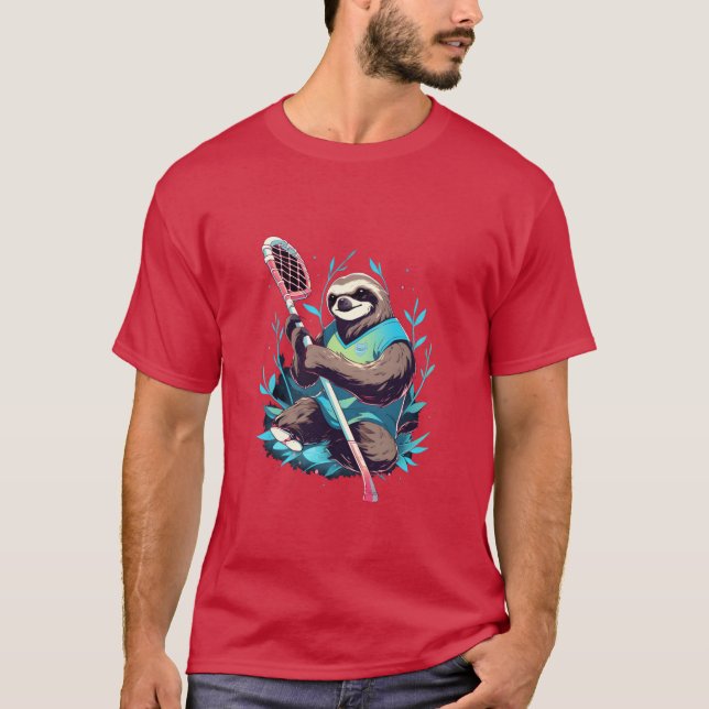 Sloth Lacrosse Player La Stick Sports boy family T Shirt (Framsida)