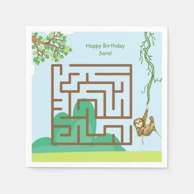 Sloth, löv maze puzzle födelsedags pappra napkins pappersservett (Framsidan)