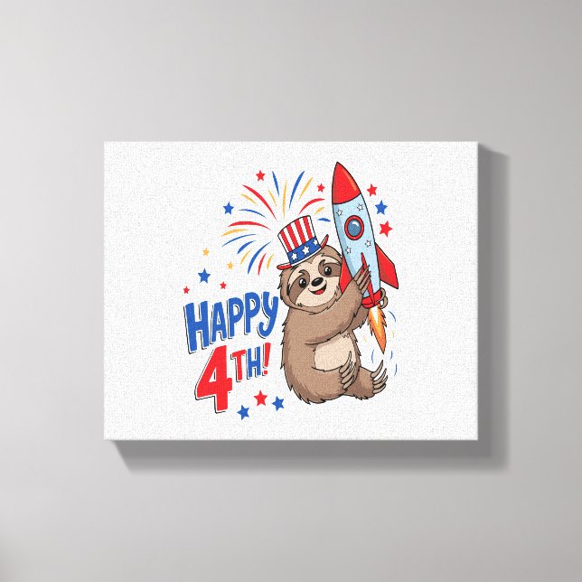 Sloth Lycklig 4th Rocket Fireworks USA Canvastryck (Framsida)