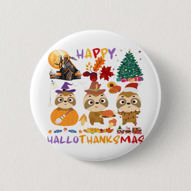 Sloth Lycklig Hallothanksmas Funny Halloween Thank Knapp (Framsida)