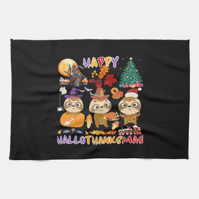 Sloth Lycklig Hallothanksmas Funny Halloween Thank Kökshandduk (Horisontell)