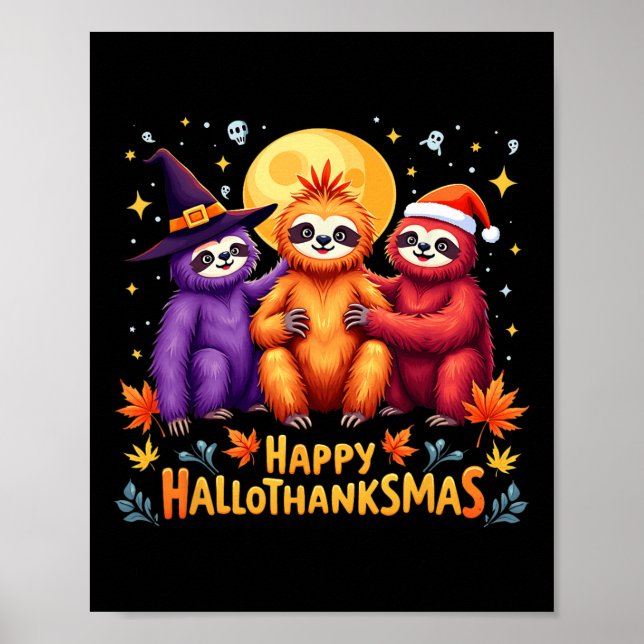 Sloth Lycklig Hallothanksmas Halloween Thanksgivin Poster (Framsidan)