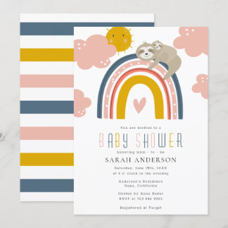 Sloth Mamma & Baby med Lycklig Rainbow Baby Shower Inbjudningar