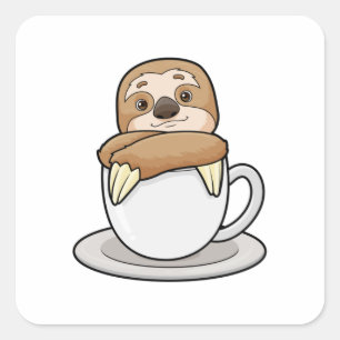 Sloth med Kopp i kaffe Fyrkantigt Klistermärke