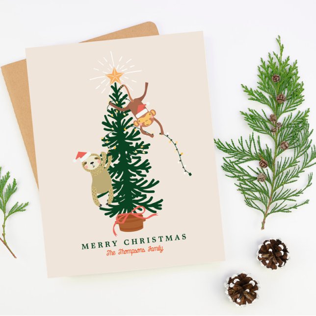 Sloth Monkey hängande från Julgran Julkort (Skapare uppladdad)