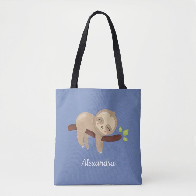 Sloth on Gren Kawaii Stil Animal Blue Tygkasse (Framsida)