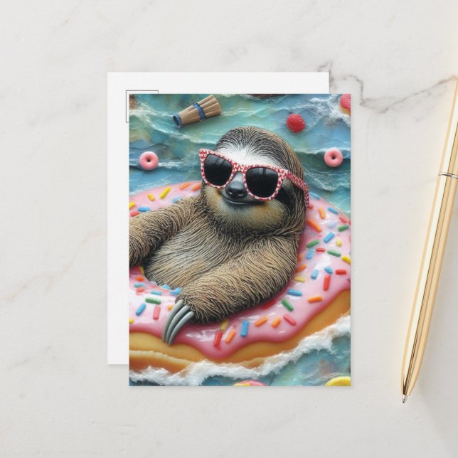 Sloth på en Donut Flyter Vykort (Fram/Back In Situ)