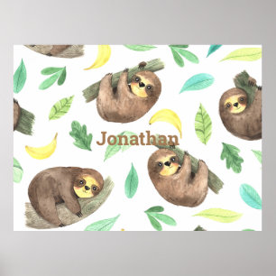 Sloth på Gren Bananas Animal Namn Poster