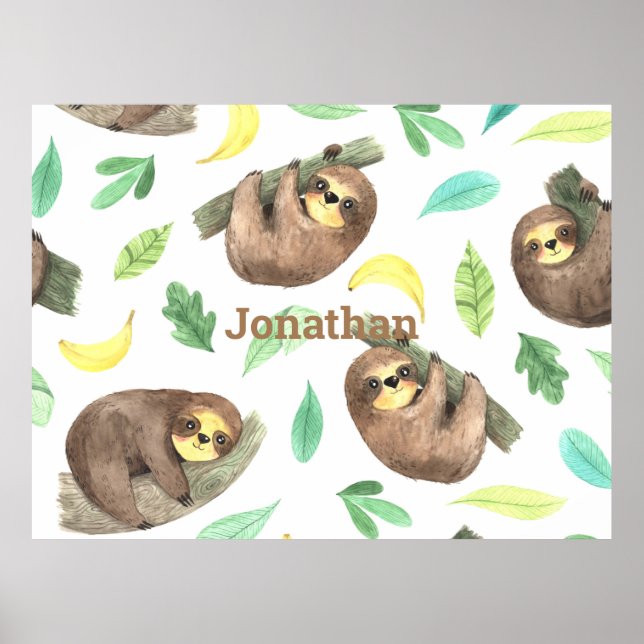 Sloth på Gren Bananas Animal Namn Poster (Framsidan)