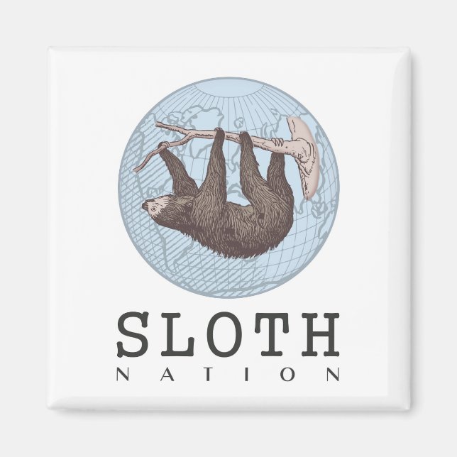 Sloth på Träd och Globe med Sloth Nation Text Magnet (Framsidan)