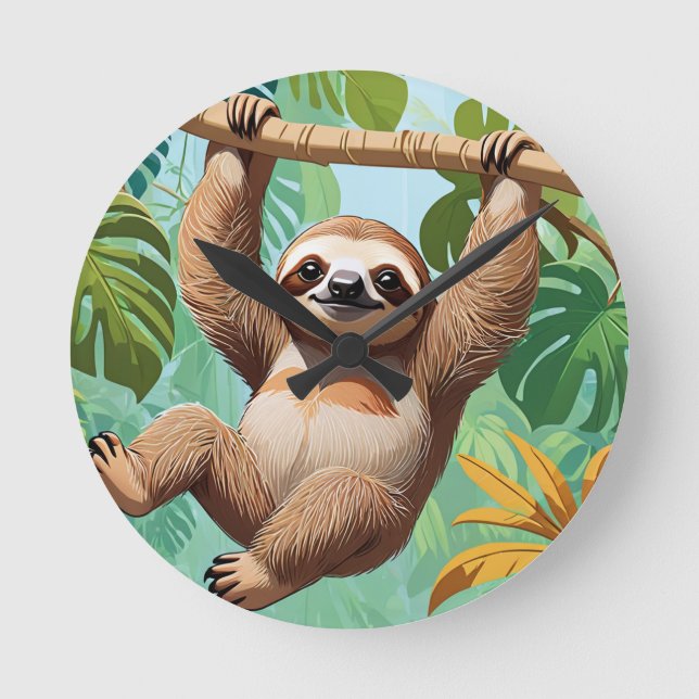 Sloth på Träd Rund Klocka (Framsida)