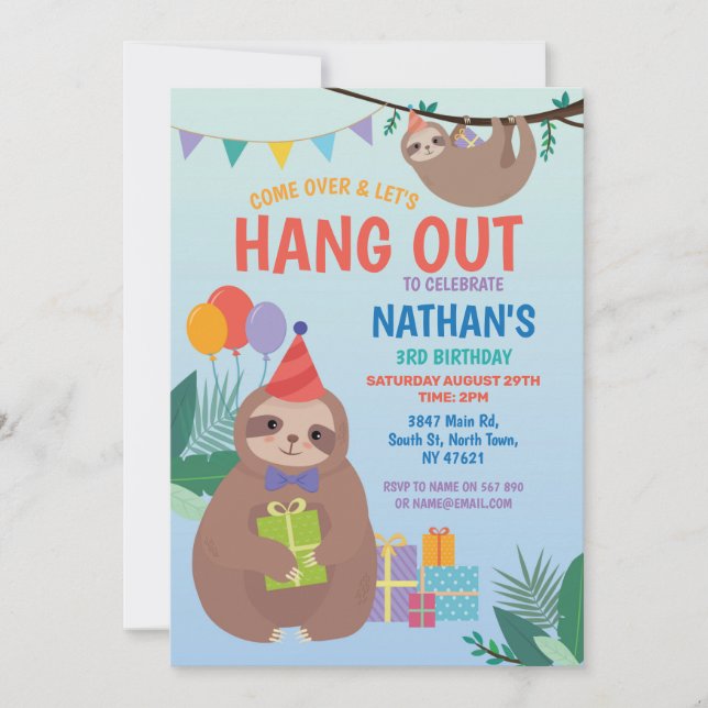 Sloth Party Birthday Cute Roligt Blue Animals Inbjudningar (Framsida)