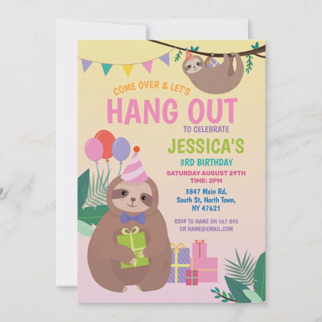 Sloth Party Birthday Cute Roligt Rosa Animals Inbjudningar (Framsida)