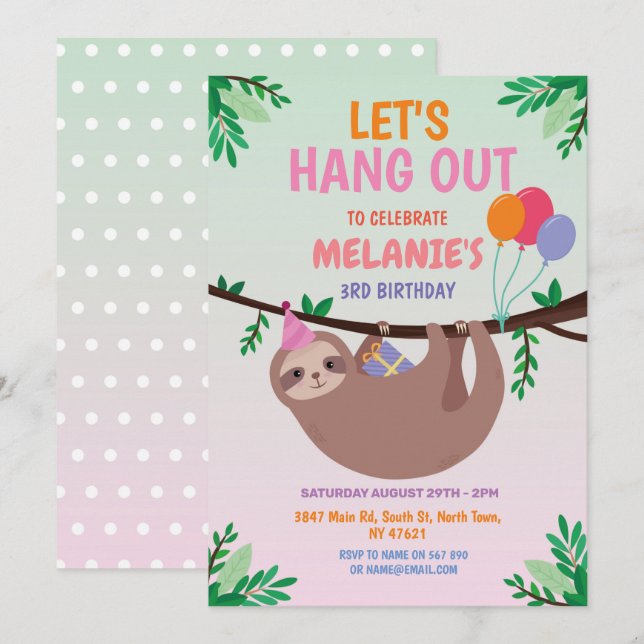 Sloth Party Birthday Låt oss ut Rosa Inbjudningar (Fram/baksida)