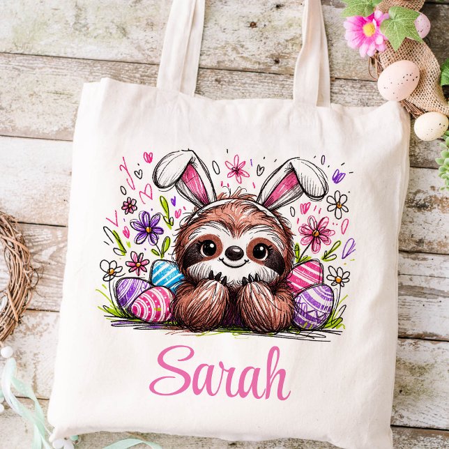 Sloth Påsk Kids Namn Girls Bunny Tygkasse (Sloth Girls Easter Tote)