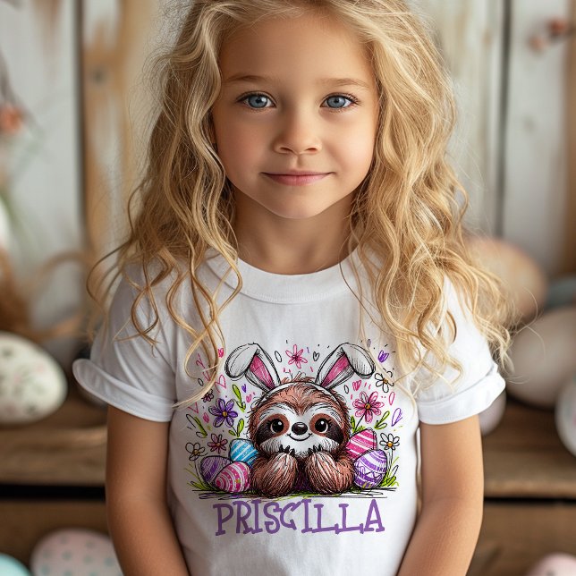 Sloth Påsk T-Shirt Custom Name Girls Bunny (Kids name Easter t-shirt)