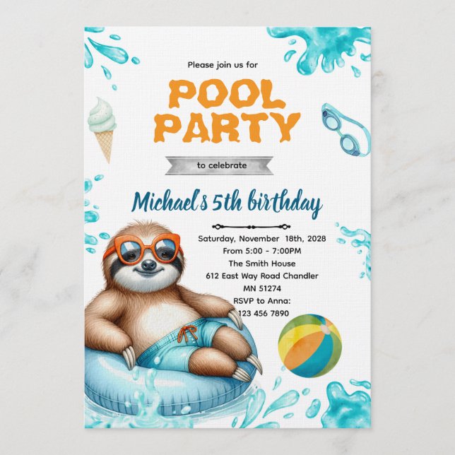 Sloth Pool Party Birthday Invite Inbjudningar (Framsida)