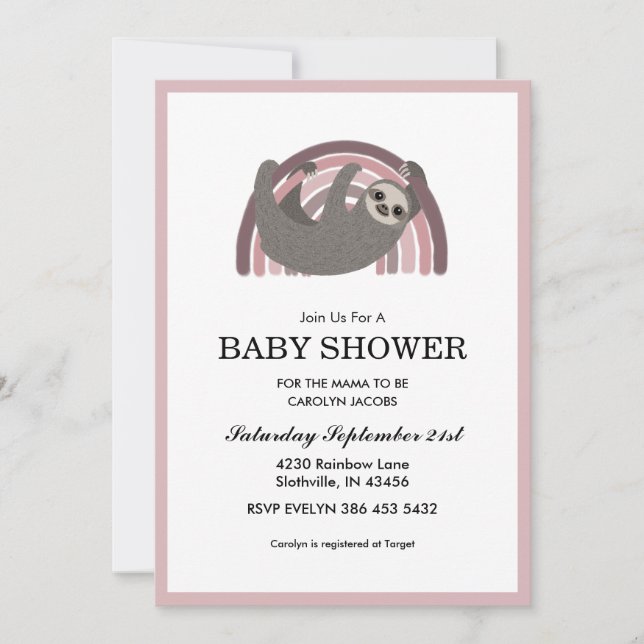 Sloth Rainbow Mauve Flicka Baby Shower Inbjudningar (Framsida)
