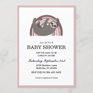 Sloth Rainbow Mauve Flicka Baby Shower Inbjudningar