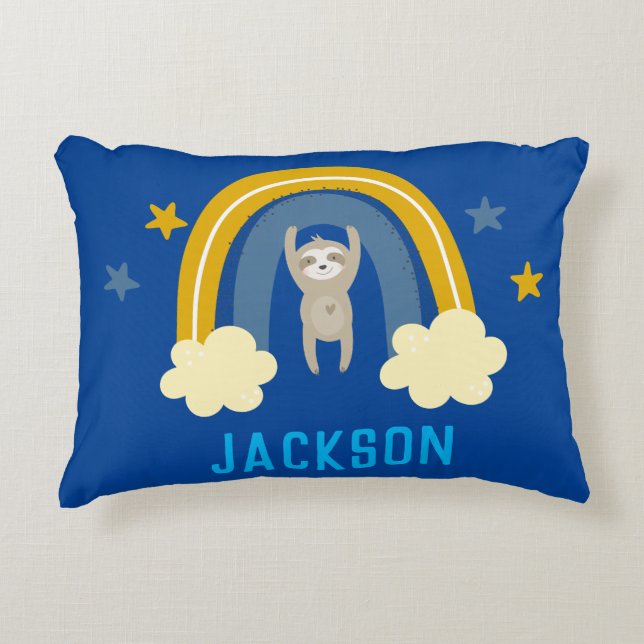 Sloth Rainbow Navy Blue Personalize Namn Prydnadskudde (Framsidan)