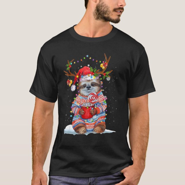 Sloth Reindeer Santa Hat Xmas Lights Christmas Xma T Shirt (Framsida)