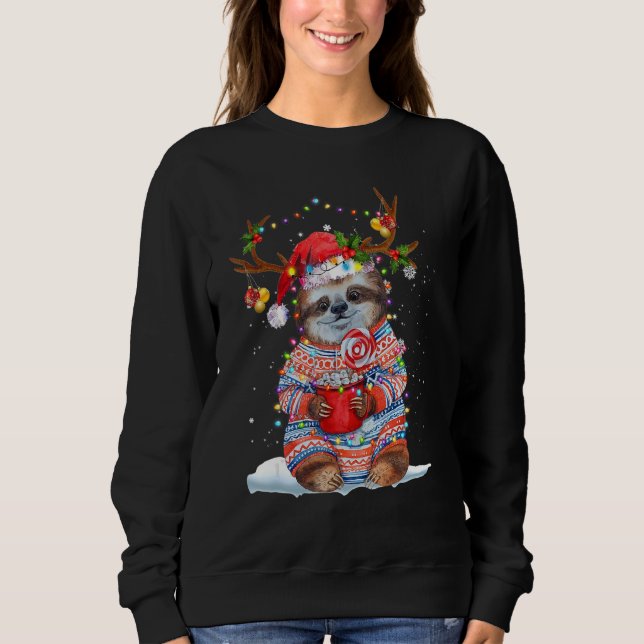 Sloth Reindeer Santa Hat Xmas Lights Christmas Xma T Shirt (Framsida)