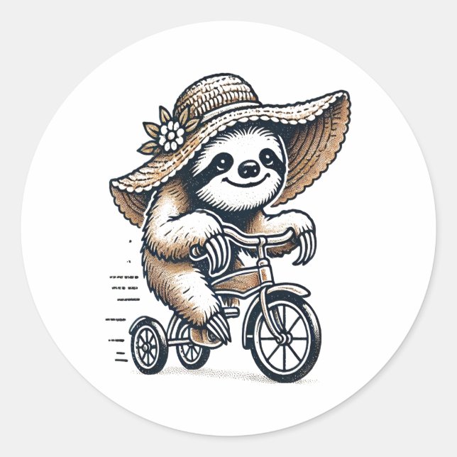 Sloth Riding Bike Runt Klistermärke (Framsida)