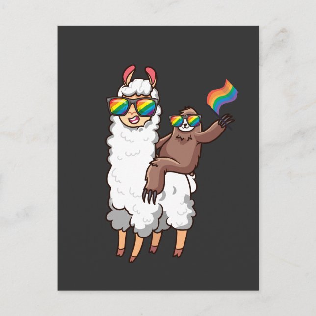 Sloth Riding Llama med Sunglasses Equality LGBT Vykort (Framsida)