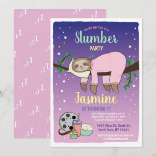 Sloth Slumber Party Birthday Rosa Movies Popcorn Inbjudningar