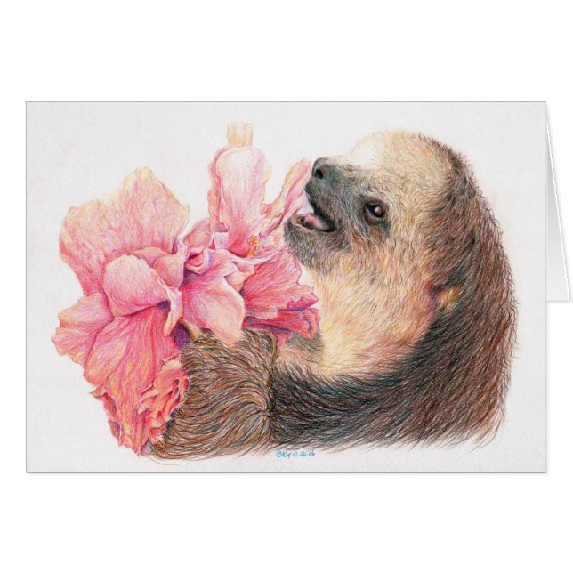 Sloth som äter hibiskusblomman hälsningskort (Framsidan Horizontal)