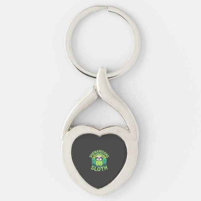 Sloth St Patricks Day Sloth Shenanigans Cute Anima Twisted Heart Silverfärgad Nyckelring (Framsidan)