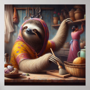 Sloth Städning ett köks Poster