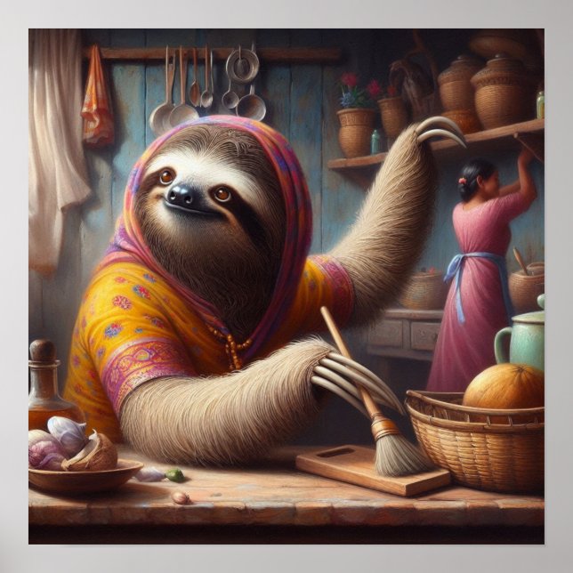 Sloth Städning ett köks Poster (Framsidan)