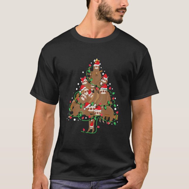 Sloths Christmas Tree Cute Santa Hat Lights for Sl T Shirt (Framsida)